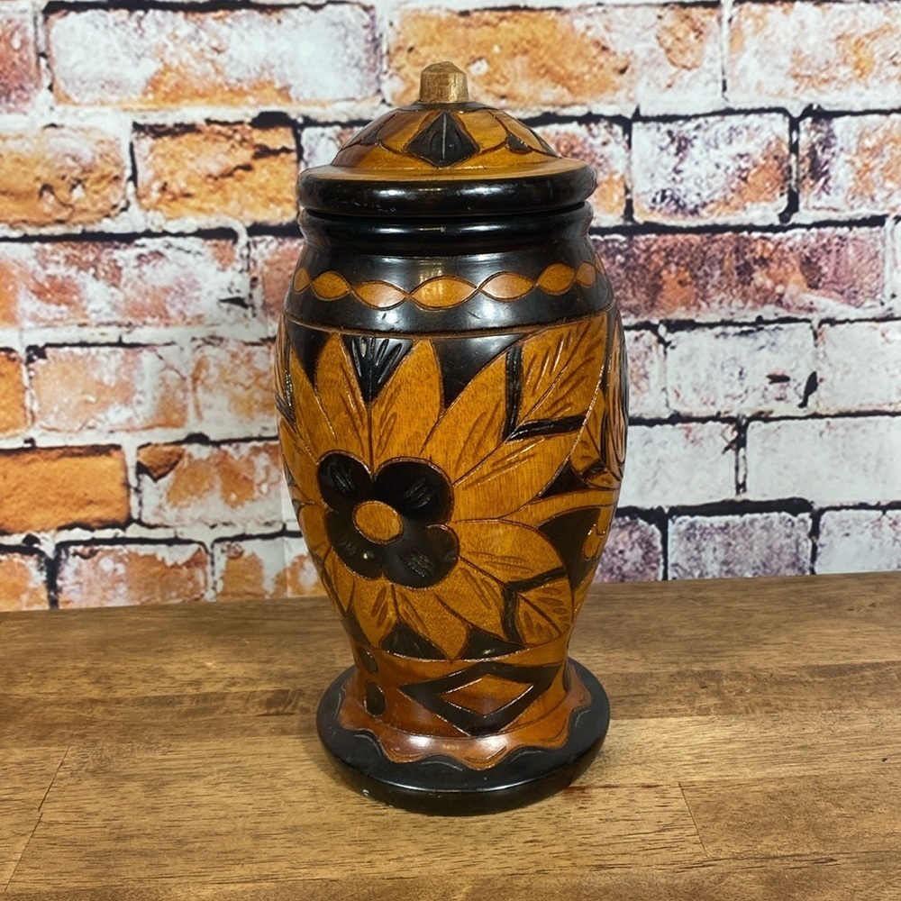 Vintage Hand Carved Wood Floral Vase with Cover